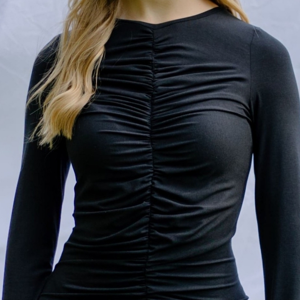 Zara Bodycon Long Sleeve Ruched Shiny Black Top